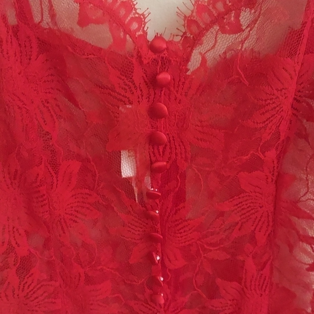 VINTAGE VICTORIA SECRET Red See-through Lace Hi Cut Romantic Bodysuit or Nighty - Picture 2 of 13